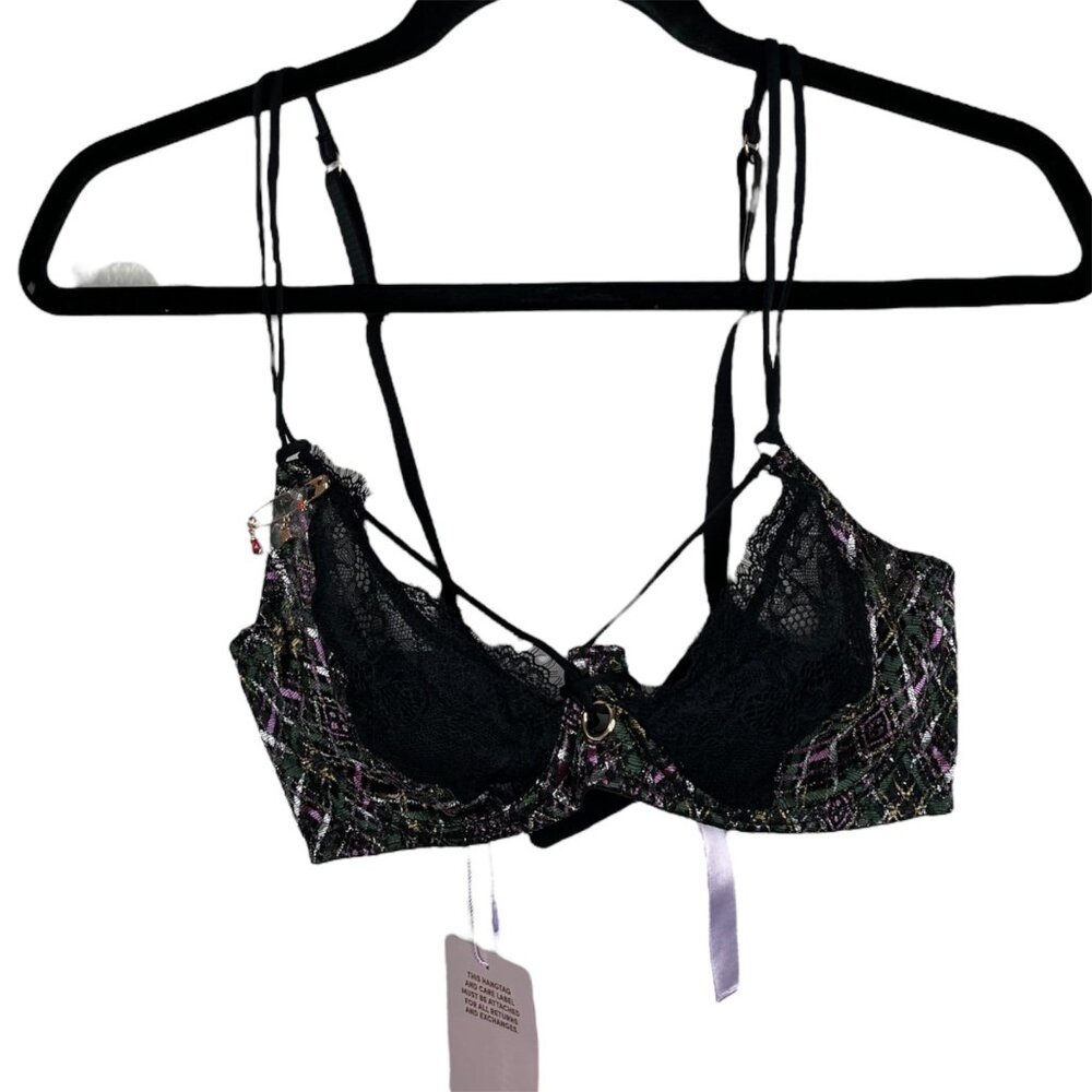 Savage X Fenty Plaid Lace Strappy Underwire Bra 34DD punk